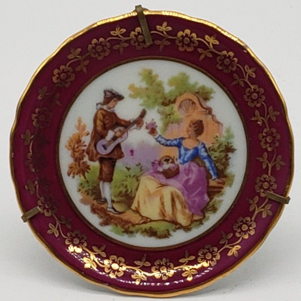 Limoges France Vintage Porcelain Cranberry Gold Gilt Romance Couple Mini Plate